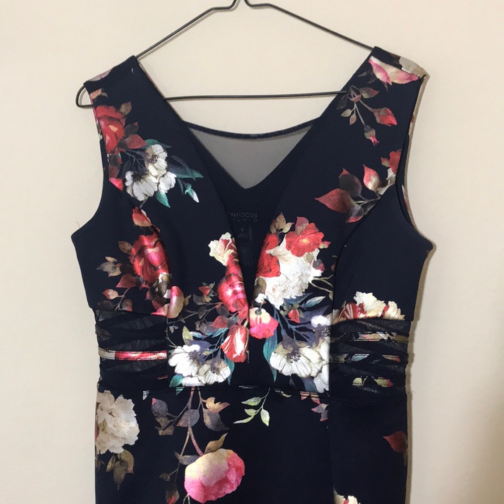 Blue Dress Floral Pattern with Slit + Sheer Cutout